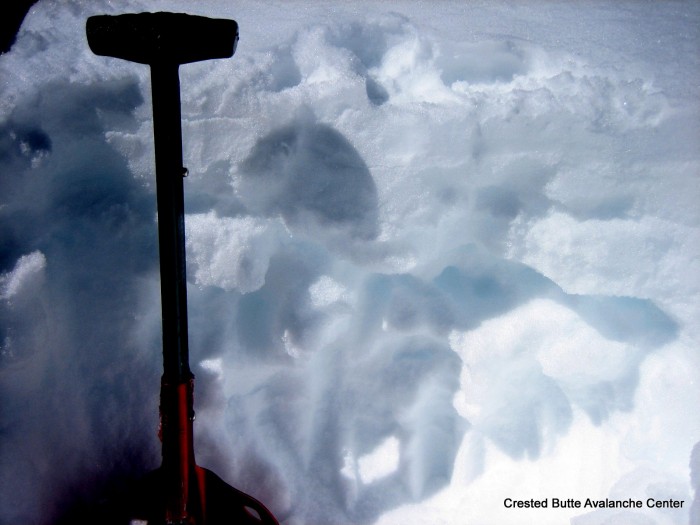 Thick crusts and percolation columns on a SSE aspect above treeline. 