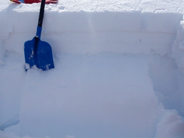 Crown profile of skier triggered avalanche last week in Climax Chutes. ENE aspect NTL. 38 cm wet (top 15cm) to moist slab over 1.5mm F+, dry rounding facets, capped by a thin crust in places. ECTP19, SC 