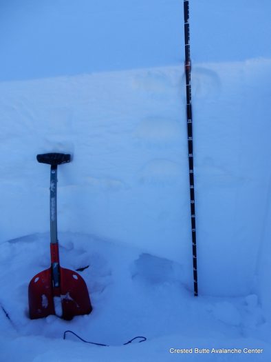 Windloaded rollover on a NE aspect ATL.  The top 35 cm is recent snow (4F to F+).   The next 30 cm below is old hard slab with some melt-freeze processes, pencil hard.  The bottom is 1-1.5mm facets, fist hard.  ECTPH results. We experienced rumbling collapses and shooting cracks here. 