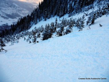 Debris pile from a small, skier triggered slab avalanche. 