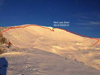 Extent of 2015 natural avalanche in Red Lady Bowl.